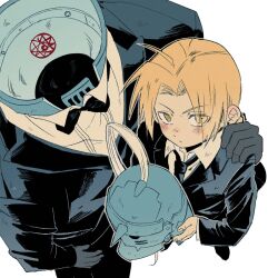  2boys 3bivl ahoge alphonse_elric black_bow black_bowtie black_jacket black_necktie blonde_hair bow bowtie brothers curtained_hair edward_elric from_above fullmetal_alchemist hand_on_another's_shoulder helmet highres holding holding_unworn_helmet jacket living_armor male_focus multiple_boys necktie siblings simple_background standing suit_jacket traditional_bowtie unworn_headwear unworn_helmet white_background wingtip_collar yellow_eyes 