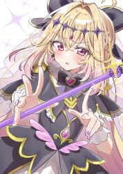  1girl absurdres artist_name black_bow black_bowtie black_capelet black_dress black_ribbon blonde_hair blush bow bowtie braid brooch capelet colored_inner_hair commentary_request cure_arcana_shadow diamond_hairband dress earrings fingernails frilled_capelet frills gem gradient_hair hair_intakes hair_ribbon heart heart_brooch highres holding holding_staff jewelry long_hair looking_at_viewer mage_staff meitantei_precure! moria_luluka multicolored_hair nail_polish parted_lips pink_eyes pink_gem pink_hair precure purple_nails ribbon sidelocks signature simple_background solo sparkle staff tear_arcana_rod turning_head twitter_username upper_body v-shaped_eyebrows very_long_hair white_background white_wrist_cuffs wrist_cuffs yunagi_(yng_hoti) 