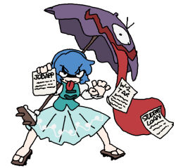  1girl blue_hair blue_skirt blue_vest brown_sandals closed_mouth commentary doing_taxes english_commentary fighting_stance full_body geta job_application_form_(meme) juliet_sleeves karakasa_obake loan long_sleeves meme paper puffy_sleeves purple_umbrella sandals shirt short_hair simple_background skirt smile solo tatara_kogasa tongue tongue_out touhou umbrella v-shaped_eyebrows veryeclectic vest white_background white_shirt 