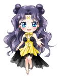  anklet asahi_haru barefoot bishoujo_senshi_sailor_moon black_hair blue_eyes blush bow chibi double_bun dress earrings facial_mark forehead_mark jewelry long_hair luna_(sailor_moon) moon necklace outstretched_hand personification ribbon smile solo very_long_hair white_background 