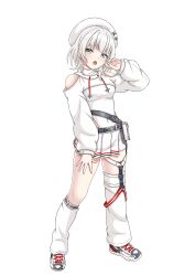  1girl a5hio absurdres bang_dream! bang_dream!_it's_mygo!!!!! beret blue_eyes blush breasts clothing_cutout commentary_request commission cosplay covered_navel garter_straps half-skirt hat heterochromia highres hololive hololive_dev_is kaname_raana leg_warmers long_sleeves medium_breasts open_mouth pixiv_commission shoes shorts shorts_under_skirt shoulder_cutout simple_background skirt solo todoroki_hajime todoroki_hajime_(cosplay) todoroki_hajime_(regloss_uniform) transparent_background white_hair white_hat white_leg_warmers white_shoes white_skirt yellow_eyes 