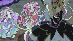 3girls absurdres ahoge akechi_anna anime_coloring armpits arms_up bare_shoulders behind_another black_bow black_bowtie black_capelet black_dress black_necktie blonde_hair blush bow bowtie brick_floor brooch bunshin buttons cape capelet clenched_teeth commentary_request crack cracked_floor crossed_bangs cure_answer cure_arcana_shadow cure_mystique curtained_hair derivative_work diamond_hairband dirty dirty_clothes dirty_face disheveled dot_nose double-breasted double-parted_bangs double_bun dress fingerless_gloves flipped_bangs forehead frilled_capelet frills gem_hair_ornament gloves gradient_hair green_eyes hair_bow hair_bun hair_ornament hair_ribbon heart heart-shaped_hair heart_brooch highres jewelry kobayashi_mikuru layered_dress long_hair looking_at_another magic meitantei_precure! middle_part moria_luluka multi-tied_hair multicolored_hair multiple_girls necktie night off-shoulder_capelet off_shoulder official_art_redraw on_ground open_mouth outdoors pantyhose pink_bow pink_bowtie pink_cape pink_capelet pink_dress pink_hair pink_necktie pink_ribbon precure protecting purple_bow purple_capelet purple_dress purple_hair purple_shoes red_eyes ribbon road screenshot_redraw shoes side_up_bun sitting sleeveless sleeveless_dress squatting star_(symbol) star_hair_ornament street sweatdrop teeth tiara twintails v-shaped_eyebrows very_long_hair violet_eyes white_gloves white_pantyhose wing_hair_ornament wrist_bow