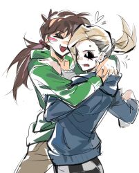  >_< 2girls :3 :d animification antenna_hair arms_around_neck blue_hoodie blush_stickers brown_hair brown_pants checkered_clothes checkered_pants chinese_commentary commentary_request cowboy_shot eddsworld ell_(eddsworld) eyebrow_piercing face_piercing fangs flustered green_hoodie hair_bobbles hair_ornament hand_on_another's_arm heart height_difference hollow_eyes hood hood_down hoodie hug liangban_shuimu long_hair long_sleeves low_ponytail medium_hair multiple_girls open_clothes open_hoodie open_mouth pants piercing ponytail shirt simple_background sketch smile standing tamara_(eddsworld) topknot white_background white_shirt yuri 