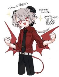  2boys :d angel_and_devil belt black_horns black_necktie black_pants brothers collared_shirt commentary doodle_inset dress_shirt grey_hair horns low_ponytail low_wings multiple_boys nagisa_(osakanadream) necktie original osakanadream pants pointy_ears ponytail red_shirt red_wings ruka_(osakanadream) shirt siblings smile untranslatable_commentary v-shaped_eyebrows white_belt wings 