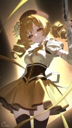  1girl absurdres black_corset black_hat black_thighhighs blonde_hair commentary_request corset drill_hair gun hat highres holding holding_gun holding_weapon looking_at_viewer magical_girl magical_musket_(madoka_magica) mahou_shoujo_madoka_magica mahou_shoujo_madoka_magica_(anime) neck_ribbon ribbon shirt signature smile solo striped_clothes striped_thighhighs thigh-highs tomoe_mami tomoe_mami_(magical_girl) twin_drills vertical-striped_clothes vertical-striped_thighhighs weapon white_shirt xi_cccii yellow_eyes yellow_ribbon 