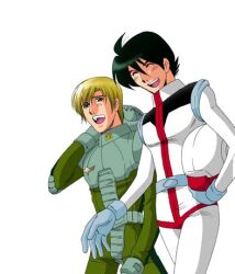  2boys bad_id bernard_wiseman black_hair blonde_hair blue_eyes bodysuit character_request check_character green_bodysuit gundam gundam_0080 gundam_f91 helmet holding holding_unworn_helmet kawamoto_yuutarou looking_at_viewer lowres male_focus multiple_boys open_mouth seabook_arno short_hair simple_background smile unworn_headwear unworn_helmet white_background white_bodysuit zeon 