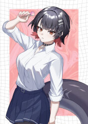  1girl absurdres arm_up black_choker black_hair breasts candy choker closed_mouth colored_inner_hair commentary_request cowboy_shot ellen_joe ellen_joe_(on_campus) fins fish_tail food hair_ornament highres holding holding_candy holding_food holding_lollipop large_tail lollipop looking_at_viewer mole mole_under_eye multicolored_hair murasakinoa official_alternate_costume pantyhose pink_nails razor_blade_hair_ornament red_eyes red_hair shark_girl shark_tail shirt short_hair skirt solo tail white_shirt zenless_zone_zero 