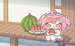  1girl :t aemeath_(wuthering_waves) ahoge bare_arms bare_shoulders bench blush_stickers bow chibi chibi_only closed_mouth commentary_request dress food food_on_face fruit full_body grey_hairband hair_bow hairband highres holding holding_food korean_commentary monyami on_bench outline pink_hair plate sandals short_hair sitting sleeveless sleeveless_dress solo sundress two_side_up watermelon watermelon_slice white_bow white_dress white_outline wuthering_waves yellow_eyes 