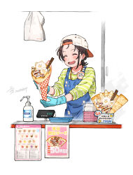  1girl ^_^ alternate_costume apron backwards_hat banana banana_slice baseball_cap black_hair blue_apron blue_gloves blush bottle cash_register chocolate_syrup closed_eyes commentary counter crepe dated food food_wrapper fruit gloves hat highres holding holding_crepe holding_food hololive ice_cream_crepe latex latex_gloves napkin napkin_holder oozora_subaru open_mouth ripod shirt short_hair signature sleeves_pushed_up smile solo sprinkles striped_clothes striped_shirt subatomo_(big) subatomo_(small) syrup untranslatable_commentary virtual_youtuber wafer_stick white_hat 