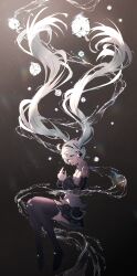  1girl absurdly_long_hair absurdres aqua_eyes aqua_hair aqua_necktie bare_shoulders black_boots black_skirt black_sleeves black_thighhighs boots commentary crying crying_with_eyes_open detached_sleeves floating_hair from_side full_body hair_ornament hatsune_miku headphones highres ice ice_cube long_hair masii1120 miniskirt necktie own_hands_together parted_lips piano_print pleated_skirt shirt shoulder_tattoo skirt sleeveless sleeveless_shirt tattoo tears thigh-highs thigh_boots twintails very_long_hair vocaloid water white_shirt zettai_ryouiki 