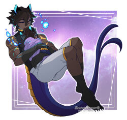  1boy 1other alternate_costume animal_ears arjuna_(fate) arjuna_alter_(fate) baby carrying carrying_baby carrying_person closed_eyes commentary dark-skinned_male dark_skin english_commentary fate/grand_order fate_(series) father_and_child full_body hair_between_eyes highres male_focus neon_(theneonflower) parent_and_child sharp_toenails shorts shoulder_tattoo sleeveless sleeveless_turtleneck swaddled tail tattoo toenails toned toned_male tumblr_username turtleneck very_dark_skin watermark white_shorts 