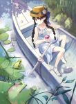  bad_id bare_shoulders barefoot black_hair boat braid dress flower food frog hat ice_cream leaf lee_song_yee long_hair mouth_hold original pink_eyes shoes_removed single_shoe sitting sleeveless solo sundress twin_braids water 