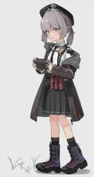  1girl ahoge ammunition_pouch beret black_boots black_hat black_necktie black_skirt black_socks blunt_bangs blush boots brown_coat camera chest_rig cheyanne_(girls'_frontline_2) coat collared_shirt commentary_request flat_chest from_side full_body girls'_frontline_2:_exilium girls_frontline grass grey_background grey_eyes grey_hair hair_intakes hat holding holding_camera kneehighs long_sleeves looking_at_viewer m200_(girls'_frontline) medium_hair necktie open_clothes open_coat parted_lips pleated_skirt ponytail pouch radio shadow shirt sidelocks simple_background skirt socks solo umano_sora walking white_shirt 