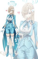  12xiaopumpit29 1girl absurdly_long_hair absurdres ace_(playing_card) ace_of_clubs ace_of_diamonds alternate_costume aqua_ascot aqua_boots aqua_bow aqua_coat aqua_eyes aqua_shorts aqua_vest ascot asuna_(blue_archive) bell_sleeves blonde_hair blue_archive blue_gem blue_halo blush boots bow breasts cane card club_(shape) coat coattails collared_shirt commentary diamond_(shape) dot_nose frilled_shirt frilled_shirt_collar frills full_body garter_straps gem gloves grin hair_over_one_eye hair_over_shoulder halo hat hat_bow heart highres holding holding_cane holding_unworn_clothes holding_unworn_hat impossible_clothes impossible_shirt jacket knee_boots lace-up_boots lapels large_breasts long_hair long_sleeves looking_at_viewer magician open_clothes open_coat pale_skin playing_card playing_card_hair_ornament shirt short_shorts shorts simple_background skindentation smile solo standing tailcoat thigh-highs top_hat unworn_hat unworn_headwear very_long_hair vest white_background white_garter_straps white_gloves white_hat white_shirt white_thighhighs wide_hips zoom_layer 