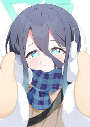  1girl absurdres aqua_halo aris_(blue_archive) aris_(winter)_(blue_archive) black_hair blue_archive blue_eyes blue_hair blue_scarf blush brown_coat brown_mittens coat commentary_request double-parted_bangs earmuffs fur-trimmed_coat fur-trimmed_sleeves fur_trim gradient_hair hair_between_eyes halo highres long_hair long_hair_between_eyes mashi_stkt mittens multicolored_hair official_alternate_costume plaid_clothes plaid_scarf rectangular_halo scarf simple_background smile solo white_background winter_clothes winter_coat 