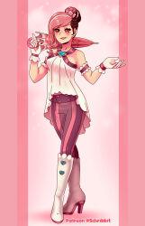  1girl alternate_hair_length_(shorter) bare_shoulders boots brown_eyes brown_hair candy_hair_ornament commentary english_commentary eyelashes food-themed_hair_ornament full_body gloves hair_bun hair_ornament heart heterochromia high_heel_boots high_heels highres holding holding_umbrella index_finger_raised lips multicolored_hair neopolitan_(rwby) official_alternate_costume official_alternate_hairstyle pants patreon_username pink_eyes pink_hair pink_pants rwby schrwby shirt single_hair_bun smile solo standing streaked_hair striped_clothes striped_pants umbrella vertical-striped_clothes vertical-striped_pants white_boots white_gloves white_hair white_shirt white_streaks 