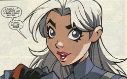 1girl blue_eyes comic dc_comics female holding lips lipstick messy_hair middle_part pink_lipstick ravager ravager_(dc) rose_wilson shoulders_up solo_focus speech_bubble teen_titans thick_eyebrows todd_nauck turtleneck white_dress