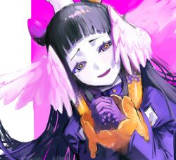  1girl alternate_costume blunt_bangs commentary dress dutch_angle english_commentary gloves gradient_hair head_wings hime_cut hololive hololive_english interlocked_fingers long_hair long_sleeves looking_at_viewer mandarin_collar mole mole_under_eye multicolored_eyes multicolored_hair multiple_wings ninomae_ina'nis nynaceae open_mouth orange_hair own_hands_clasped own_hands_together pale_colors pale_skin pink_eyes pink_wings puffy_long_sleeves puffy_sleeves purple_background purple_dress purple_gloves purple_hair raised_inner_eyebrows sleeves_past_wrists solo tentacle_hair two-tone_background upper_body violet_eyes virtual_youtuber white_background wings yellow_pupils 