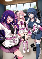  3girls artist_request blue_archive blue_eyes commission commissioner_upload danganronpa:_trigger_happy_havoc danganronpa_(series) english_commentary gym_shorts hair_ornament hairclip highres hoshino_ai ia_(vocaloid) looking_at_viewer maizono_sayaka multicolored_hair multiple_girls oshi_no_ko pink_streaks purple_hair rabbit_hair_ornament shorts smile sparkling_eyes streaked_hair trait_connection vocaloid weights 