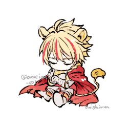  1boy animal_ears armor blonde_hair braid braid_over_shoulder breastplate cape closed_eyes commentary crossed_arms deformed fate/strange_fake fate_(series) faulds gauntlets greaves kemonomimi_mode lion_boy lion_ears lion_tail lowres male_focus multicolored_hair oracion_01 red_cape red_hair richard_i_(fate) simple_background sitting solo streaked_hair tail twitter_username untranslatable_commentary white_background 