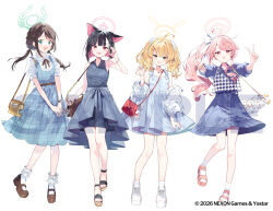  4girls ahoge airi_(blue_archive) animal_ears aqua_eyes bag belt black_hair blonde_hair blue_archive blue_dress blue_shirt blue_skirt brown_belt brown_hair brown_shoes cat_ears cat_girl collared_dress colored_inner_hair commentary_request double_v dress full_body hair_ornament hairclip halo hand_up highres hiyo_kiki kazusa_(blue_archive) lawson long_hair long_sleeves looking_at_viewer multicolored_hair multiple_girls natsu_(blue_archive) off_shoulder official_art open_mouth pink_hair pink_sandals ponytail red_bag red_eyes sample_watermark sandals shirt shoes short_hair short_sleeves shoulder_bag simple_background skirt sleeveless sleeveless_dress smile socks twintails v watermark white_background white_shoes white_socks yellow_eyes yoshimi_(blue_archive) 