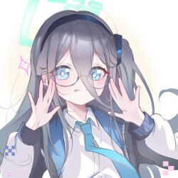  1girl :p adjusting_eyewear aqua_halo aris_(blue_archive) artist_name ben-day_dots black_hair black_hairband blue_archive blue_eyes blue_jacket blue_necktie bright_pupils closed_mouth collared_shirt commentary double-parted_bangs drawn_sparkle glasses guda_da hair_between_eyes hairband halo hands_on_eyewear hands_up highres jacket light_blush long_hair long_hair_between_eyes long_sidelocks long_sleeves looking_at_viewer loosely_tucked_bangs necktie one_side_up open_clothes open_hands open_jacket rectangular_halo ringed_eyes screentones semi-rimless_eyewear shirt sidelocks signature simple_background solo tongue tongue_out twitter_username two-sided_fabric two-sided_jacket under-rim_eyewear upper_body white_background white_jacket white_pupils white_shirt 