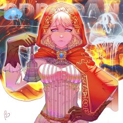  1girl 2025 artist_name bell blonde_hair blue_eyes brown_gloves commentary dress elden_ring fromsoftware gloves hood jellyfish nervous portrait red_hood roderika_(elden_ring) short_hair signature y1422807535 