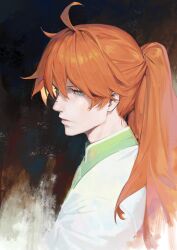  1boy absurdres ahoge cancer_(zjcconan) chaldea_staff_uniform chinese_commentary closed_mouth commentary_request fate/grand_order fate_(series) from_side green_eyes highres long_hair male_focus orange_hair ponytail profile romani_archaman solo upper_body 