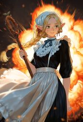  1girl absurdres ambrosia_(dungeon_meshi) apron black_dress blonde_hair blue_ribbon braid closed_mouth commentary_request dress dungeon_meshi elf english_commentary explosion explosion_background facing_viewer feet_out_of_frame green_eyes headscarf highres holding holding_staff long_hair mage_staff maid maid_apron marcille_donato neck_ribbon pointy_ears puffy_short_sleeves puffy_sleeves ribbon short_sleeves sideways_glance single_braid solo staff sweat very_long_braid white_apron white_headscarf yllande 