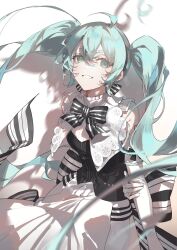  1girl absurdres aqua_eyes aqua_hair bare_shoulders black_bow black_bowtie black_dress blurry bow bowtie commentary cowboy_shot depth_of_field detached_sleeves dress gloves hatsune_miku highres kingcraft_kingu long_hair miku_symphony_(vocaloid) number_tattoo shadow shoulder_tattoo smile solo striped_bow striped_bowtie striped_clothes symphony_miku symphony_miku_(2024) tattoo twintails two-tone_dress vocaloid white_background white_dress white_gloves 