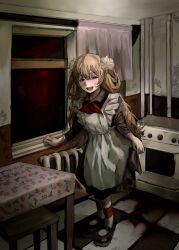  1girl :d artist_request black_dress black_shoes checkered_floor dress flesh_blood_&amp;_concrete highres horror_(theme) indoors kitchen mary_janes nika_(flesh_blood_&amp;_concrete) pantyhose radiator school_uniform shoes smile solo soviet_school_uniform standing stove striped_clothes striped_pantyhose two_side_up 