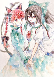  2girls absurdres animal_ears arm_cannon bow braid brown_hair cape cat_ears cat_tail chest_eye collared_shirt commentary_request dress extra_ears from_side green_bow green_dress green_skirt hair_bow highres kaenbyou_rin long_hair long_sleeves looking_at_viewer multiple_girls multiple_tails navybluesparrow nekomata painting_(medium) puffy_short_sleeves puffy_sleeves red_eyes red_hair reiuji_utsuho shirt short_sleeves skirt tail third_eye touhou traditional_media twin_braids two_tails watercolor_(medium) watermark weapon white_cape white_shirt wings 