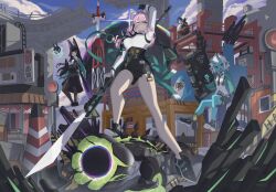  1boy 3girls absurdres animal_ears armor asaba_harumasa bangboo_(zenless_zone_zero) black_boots black_gloves black_necktie black_pantyhose black_skirt blue_skin blue_sky blunt_bangs boots breasts brown_eyes building cityscape closed_mouth clouds colored_skin commentary dress_shirt ethereal_(zenless_zone_zero) fox_ears fox_girl full_body gauntlets glasses gloves green_jacket hair_between_eyes high-waist_skirt high_heels highres holding holding_polearm holding_weapon horns hoshimi_miyabi jacket large_breasts long_hair mangsik multiple_girls naginata necktie oni outdoors pantyhose parted_bangs pink_eyes pink_hair pointy_ears polearm red_eyes ring_hair_ornament serious sharkboo_(zenless_zone_zero) shirt short_hair shoulder_armor sidelocks skirt sky soukaku_(zenless_zone_zero) standing tailless_(zenless_zone_zero) tsukishiro_yanagi v-shaped_eyebrows weapon white_hair white_shirt zenless_zone_zero 