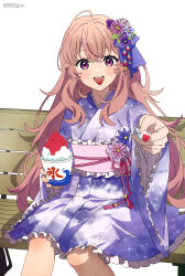  1girl absurdres anime_coloring artist_name bench big_hair blush colored_tongue copyright_name copyright_notice feeding_viewer food frilled_kimono frills hair_between_eyes hair_ornament highres holding japanese_clothes kagari_mimi kanzashi kimi_ga_shinu_made_koi_wo_shitai kimono long_hair looking_at_viewer magazine_scan megami_magazine obidome obijime official_art on_bench open_mouth pink_hair print_kimono purple_kimono reaching reaching_towards_viewer red_tongue ruri_(whomor) scan shaved_ice short_kimono simple_background sitting smile solo starry_sky_print teeth third-party_source tongue tongue_out tsumami_kanzashi upper_teeth_only very_long_hair violet_eyes white_background wide_sleeves wooden_bench 