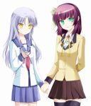  angel_beats! bad_id black_legwear bow cosplay costume_switch green_eyes hair_bow hand_holding holding_hands long_hair multiple_girls purple_hair school_uniform serafuku silver_hair skirt sun_trial tachibana_kanade tachibana_kanade thighhighs yellow_eyes yuri_(angel_beats!) 