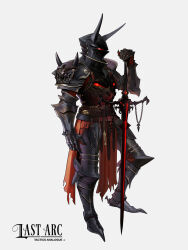  1other ambiguous_gender armor black_armor breastplate commentary english_commentary english_text fake_horns faulds ff69_(ff69x) gauntlets glowing glowing_eyes glowing_sword glowing_weapon gorget greaves helmet highres holding holding_sword holding_weapon horned_helmet horns knight last_arc:_tactics_analogue official_art ornate_armor pauldrons red_eyes sabaton shoulder_armor simple_background spiked_armor spikes sword weapon white_background 