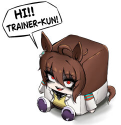  1girl agnes_tachyon_(umamusume) animal_ears black_eyeliner black_eyeshadow black_shirt brown_hair coat collared_shirt english_text eyeliner eyeshadow highres horse_ears horse_girl horse_tail lab_coat long_sleeves makeup nagai_negi open_mouth shirt shoes simple_background smile solo speech_bubble sweater tail teeth thick_eyebrows umamusume upper_teeth_only white_background white_coat white_shoes yellow_sweater 