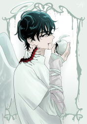  1boy alien_stage angel angel_wings apple black_blood black_eyes blood blood_from_mouth bug centipede colored_blood commentary food from_side fruit half-closed_eyes halo highres holding holding_food holding_fruit ivan_(alien_stage) layered_shirt layered_sleeves long_sleeves looking_at_viewer male_focus mojong_sap official_alternate_costume red_pupils shirt short_hair short_over_long_sleeves short_sleeves signature solo untranslatable_commentary white_apple white_shirt white_wings wings 
