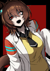  1girl absurdres agnes_tachyon_(tach-nology)_(umamusume) agnes_tachyon_(umamusume) animal_ears black_border black_eyeliner black_eyeshadow black_necktie black_shirt border breasts choppy_bangs collared_shirt commentary crazy_eyes english_commentary eyeliner eyeshadow hair_between_eyes highres horse_ears horse_girl horse_tail lab_coat makeup medium_hair mismatched_irises nagai_negi necktie open_mouth red_background red_eyes shirt solo sweater sweater_vest tail teeth thick_eyelashes umamusume uneven_eyes upper_body yandere yellow_sweater_vest 