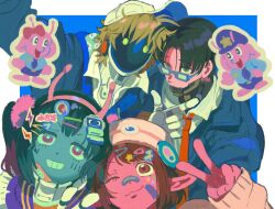  2boys 2girls android antennae bandaid bandaid_on_face bandaid_on_nose baseball_cap black_hair blonde_hair blue_background border brown_hair colored_skin commentary cyborg finger_gun glasses glowing glowing_eyes grin hat highres jacket kujo_chiharu kurt_cramer kurusu_makina_(milky_subway) long_sleeves max_mccalister milky_subway multiple_boys multiple_girls necktie one_eye_closed pointy_ears reaching reaching_towards_viewer red_necktie red_skin robot_boy robot_girl selfie shirt short_hair smile sticker sticker_on_face untranslatable_commentary v white_border white_shirt x_xinnnnnn 