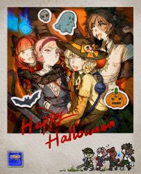  4girls absurdres adapted_costume aeronmeri_19198 animal_ears apron bat_(animal) bird_wings black_hat blood blood_on_face blue_shirt bow bowtie braid brown_hair brown_wings buttons cape cat_ears chainsaw chest_eye chibi chibi_inset chinese_commentary collared_shirt commentary_request diamond_button disembodied_linked_eye dress eyeball fang feathered_wings fire flaming_skull floating_skull frankenstein's_monster_costume frilled_shirt_collar frills ghost green_apron green_bow green_dress green_eyes green_hair green_skirt hair_bow hair_ornament hairband halloween halloween_costume happy_halloween hat hat_bow heart heart_hair_ornament highres holding holding_chainsaw hug hug_from_behind jack-o'-lantern kaenbyou_rin komeiji_family_(touhou) komeiji_koishi komeiji_satori long_hair long_sleeves multiple_girls multiple_tails nekomata object_through_head open_mouth orange_cape pink_eyes pink_hair pushing red_bow red_bowtie red_eyes red_hair red_hairband reiuji_utsuho screw_in_head shirt siblings sisters skirt skull smile stitched_face stitches tail third_eye touhou two_tails white_shirt wide_sleeves wings yellow_bow yellow_shirt 