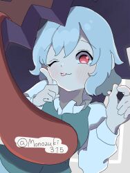 1girl blue_hair commentary highres karakasa_obake long_sleeves monozuki315 one_eye_closed open_mouth purple_umbrella red_eyes short_hair solo tatara_kogasa tongue touhou twitter_username umbrella upper_body 