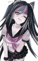  1girl :q ;q black_hair black_scrunchie blue_streaks collarbone commentary_request danganronpa_(series) danganronpa_2:_goodbye_despair ear_piercing face_piercing hair_horns highres ho_mura lip_piercing long_hair mioda_ibuki mouth_piercing multicolored_hair neckerchief one_eye_closed piercing pink_eyes pink_hair pink_neckerchief pink_streaks sailor_collar scar scar_on_leg school_uniform scrunchie serafuku shirt short_sleeves skirt smile solo streaked_hair tongue tongue_out translation_request white_hair white_streaks wrist_scrunchie 