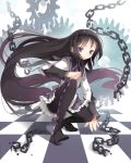  akemi_homura black_hair boots broken chain chains checkered checkered_floor fkey gears hairband highres long_hair magical_girl mahou_shoujo_madoka_magica pantyhose purple_eyes solo squatting very_long_hair violet_eyes zengxianxin 