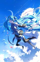  1girl absurdly_long_hair aqua_eyes aqua_hair aqua_necktie bare_shoulders black_skirt black_sleeves black_thighhighs clouds commentary_request crescent_moon detached_sleeves falling_petals feathers floating_hair from_side full_body geometry grey_shirt hair_ornament hatsune_miku headphones headset highres long_hair looking_at_viewer math midair miniskirt moon natsusankinka07 necktie open_mouth petals piano_print pleated_skirt see-through_clothes see-through_sleeves shirt shoulder_tattoo skirt sky sleeveless sleeveless_shirt smile solo star_(sky) tattoo thigh-highs twintails very_long_hair vocaloid white_feathers zettai_ryouiki 