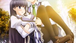  1boy 1girl back_bow black_bow black_hair black_pantyhose blue_eyes blue_jacket blue_skirt bow bowtie brown_shoes carrying carrying_person evening fountain frilled_skirt frills from_side game_asset green_necktie head_out_of_frame highres jacket juliet_sleeves kirishima_saki_(konakana) konakana_2:_konata_yori_kanata_made_ii lapels loafers long_hair long_sleeves minase_(dragon_panda) miniskirt multicolored_jacket necktie non-web_source outdoors pantyhose princess_carry puffy_sleeves red_bow red_bowtie school_uniform self-datamine shoes skirt sky sleeve_cuffs standing tree two-tone_jacket white_jacket 