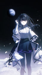  1girl absurdres arknights black_eyes black_hair black_hairband black_pantyhose black_skirt chromatic_aberration closed_mouth commission diamond-shaped_pupils diamond_(shape) earth_(planet) feet_out_of_frame floating_hair glint hairband hand_in_own_hair hand_up highres hitomi_(tongshou) holding lab_coat light_particles long_hair long_sleeves mihuashi_commission on_moon pantyhose planet pleated_skirt priestess_(arknights) shirt skirt smile solo space standing star_(sky) symbol-shaped_pupils turtleneck turtleneck_shirt white_shirt 