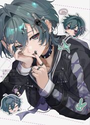  1boy aqua_eyes aqua_hair black_hair black_jacket black_nails commentary_request cross cross_earrings cross_hair_ornament earrings genshin_impact hair_between_eyes hair_ornament highres jacket jewelry lohen_(genshin_impact) long_sleeves male_focus multicolored_eyes red_eyes sahi00000 short_hair solo tongue tongue_out 