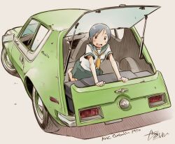  1girl amc amc_gremlin black_eyes black_hair car commentary_request green_car green_sailor_collar green_skirt grey_background kneeling looking_at_viewer motor_vehicle neckerchief open_mouth original sailor_collar school_uniform sekihan serafuku shirt short_hair short_sleeves signature simple_background skirt smile solo teeth upper_teeth_only vehicle_name white_shirt yellow_neckerchief 