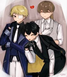  3boys :d amano_mashiro black_hair black_necktie blonde_hair blue_coat blue_vest broken_heart brown_hair closed_eyes coat collared_shirt commentary dress_shirt earrings esse_series eyepatch fang formal_clothes grey_necktie griffin_stewart hand_on_own_chest heart highres jewelry kobayashi_luca leaning_forward low_ponytail male_focus multiple_boys necktie oshi_no_taisetsuna_hito_ni_narikawaru pants ponytail shirt smile stud_earrings totsuzen_e untranslatable_commentary untucked_shirt vest white_necktie white_pants white_shirt 